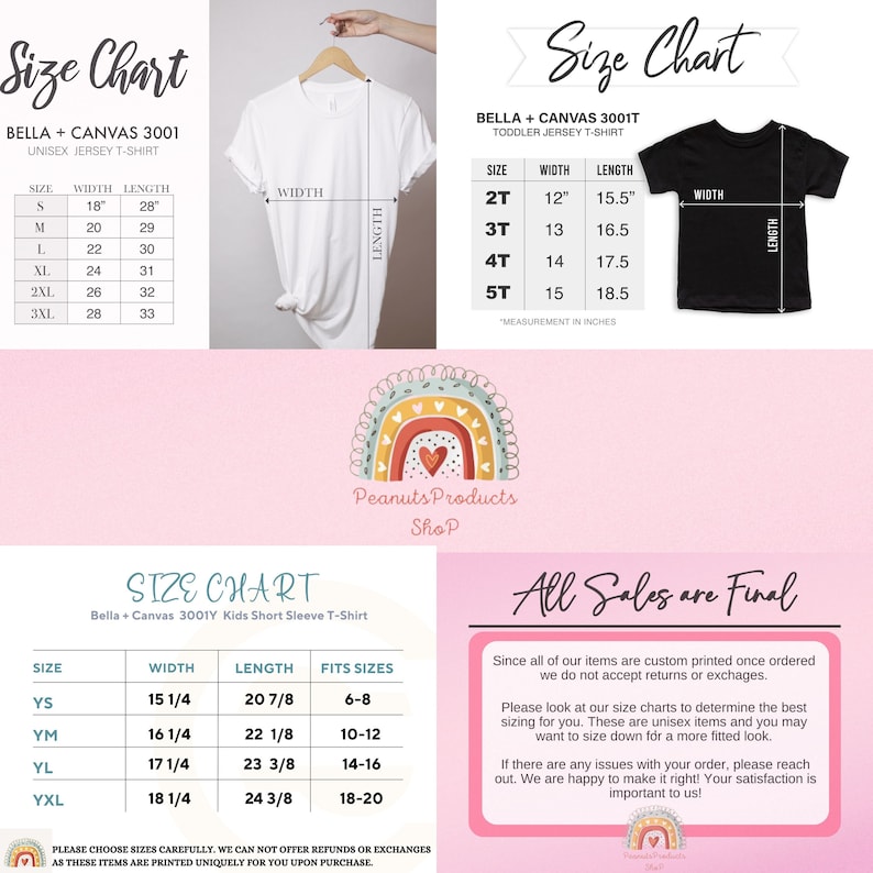 Puede incluir: Tabla de tallas para camisetas de jersey unisex Bella + Canvas 3001 y camisetas de jersey para ni&ntilde;os peque&ntilde;os Bella + Canvas 3001T. La tabla muestra las medidas de ancho y largo en pulgadas para cada talla. La tabla tambi&eacute;n incluye una nota que indica que todas las ventas son finales.