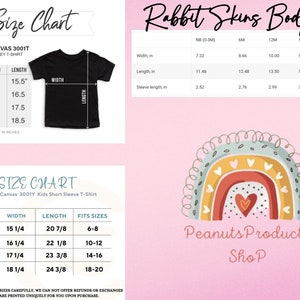 May include: Size chart for Bella + Canvas 3001T toddler jersey t-shirts and Bella + Canvas 3001Y kids short sleeve t-shirts. The chart shows the width and length of each size in inches. The chart also includes the corresponding age range for each size.