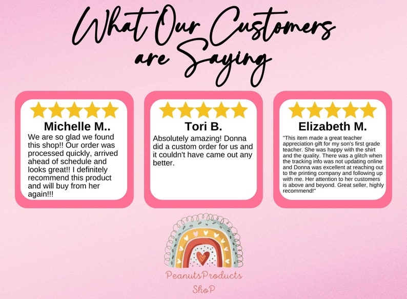 Op de afbeelding: Drie klantbeoordelingen met elk vijf sterren, met positieve feedback over een winkel genaamd "Peanuts Products Shop". De beoordelingen benadrukken de snelle verwerking, de aangepaste bestellingen en de uitstekende klantenservice.