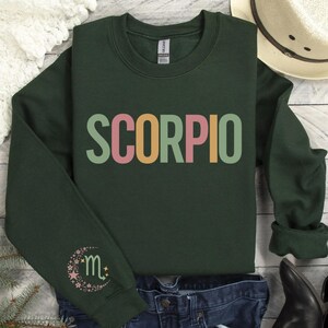 May include: A dark green sweatshirt with the word "SCORPIO" printed in rainbow colors. The sweatshirt has a crescent moon with a star and the Scorpio zodiac symbol printed on the left sleeve.