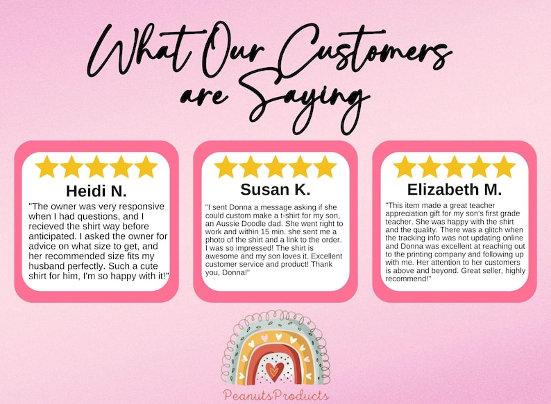 May include: Three customer reviews with five stars each, featuring positive feedback about a small business owner's responsiveness, quick turnaround time, and excellent customer service. The reviews are displayed on a pink background with a rainbow graphic and the text "What Our Customers Are Saying".