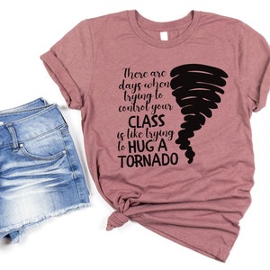 May include: A mauve t-shirt with a black graphic of a tornado and the text "There are days when trying to control your CLASS is like trying to HUG A TORNADO".