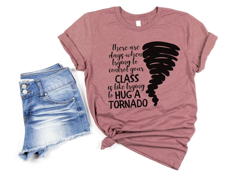 May include: A mauve t-shirt with a black graphic of a tornado and the text "There are days when trying to control your CLASS is like trying to HUG A TORNADO".