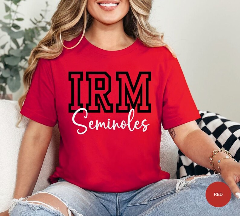 May include: Red t-shirt with black block lettering that says "IRM Seminoles".