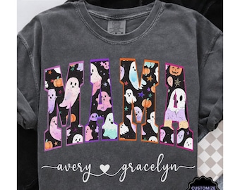 Comfort Colors® Halloween Mama Shirt, Mom Halloween Shirt, Spooky Mama Shirt, Mama Halloween, Cute Ghost Tee, Halloween Mom with Kids Name