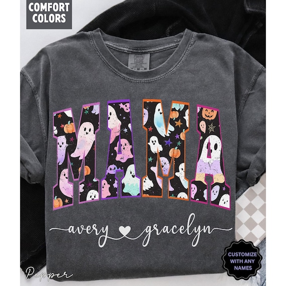 Comfort Colors® Halloween Mama Shirt, Mom Halloween Shirt, Spooky Mama Shirt, Mama Halloween, Cute Ghost Tee, Halloween Mom with Kids Name