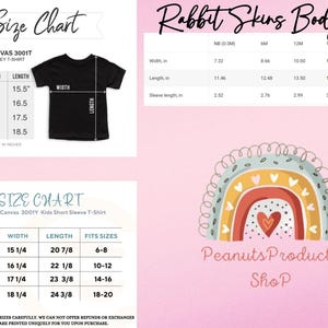 May include: Size chart for Bella + Canvas 3001T toddler jersey t-shirts and Bella + Canvas 3001Y kids short sleeve t-shirts. The chart shows the width and length of the shirts in inches. The chart also shows the size range for each shirt size. The chart is on a pink background with a rainbow graphic and the text "Peanuts Products Shop".