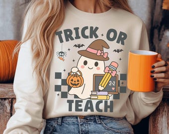 Teacher Halloween Sweatshirt, Trick or Teach Shirt, Halloween Teacher Sweatshirt, Spooky Teacher Shirt, Retro Ghost Teacher Sweatshirt