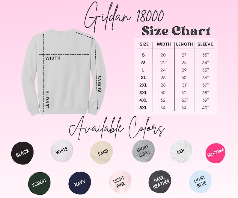 K&ouml;nnte beinhalten: Wei&szlig;es Gildan 18000 Sweatshirt mit Gr&ouml;&szlig;entabelle und Farboptionen. Die Gr&ouml;&szlig;entabelle zeigt Ma&szlig;e in Zoll f&uuml;r Breite, L&auml;nge und &Auml;rmell&auml;nge, von Gr&ouml;&szlig;e S bis 5XL. Verf&uuml;gbare Farben sind Schwarz, Wei&szlig;, Sand, Sportgrau, Aschgrau und mehr.