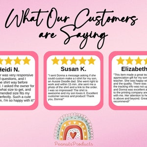 May include: Three customer reviews with five stars each, featuring positive feedback about a small business owner's responsiveness, quick turnaround time, and excellent customer service. The reviews are displayed on a pink background with a rainbow graphic and the text "Peanuts Products".