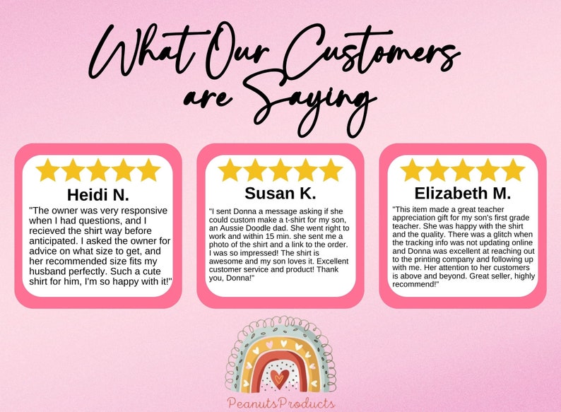 May include: Three customer reviews with five stars each, featuring positive feedback about a small business owner's responsiveness, quick turnaround time, and excellent customer service. The reviews are displayed on a pink background with a rainbow graphic and the text "Peanuts Products".