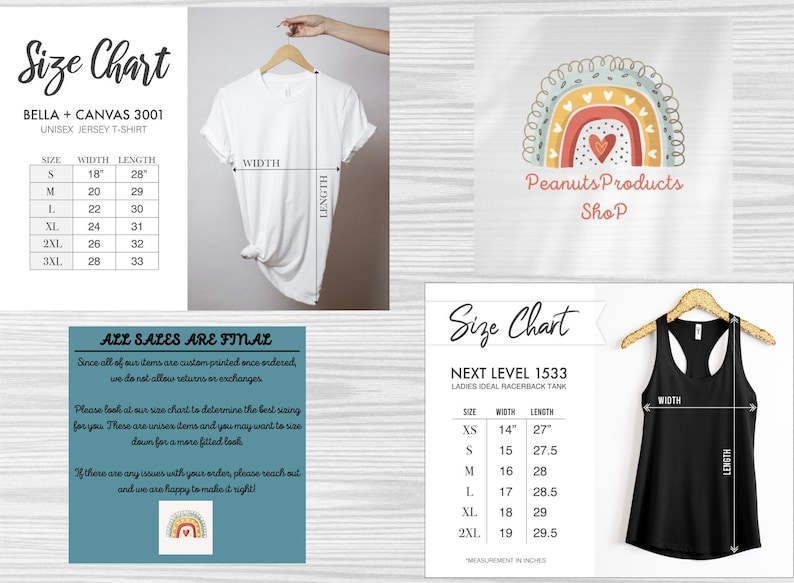 K&ouml;nnte beinhalten: Gr&ouml;&szlig;entabelle f&uuml;r zwei verschiedene T-Shirt-Stile. Die erste Tabelle ist f&uuml;r ein Unisex-Jersey-T-Shirt, mit Gr&ouml;&szlig;en von S bis 3XL, und Ma&szlig;en in Zoll f&uuml;r Breite und L&auml;nge. Die zweite Tabelle ist f&uuml;r ein Racerback-Tanktop, mit Gr&ouml;&szlig;en von XS bis 2XL, und Ma&szlig;en in Zoll f&uuml;r Breite und L&auml;nge.