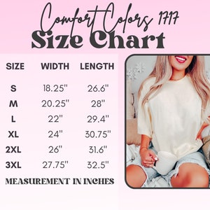 May include: Size chart for a t-shirt with measurements in inches for sizes S, M, L, XL, 2XL, and 3XL. The chart shows the width and length of each size.