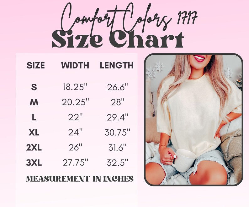 May include: Size chart for a t-shirt with measurements in inches for sizes S, M, L, XL, 2XL, and 3XL. The chart shows the width and length of each size.