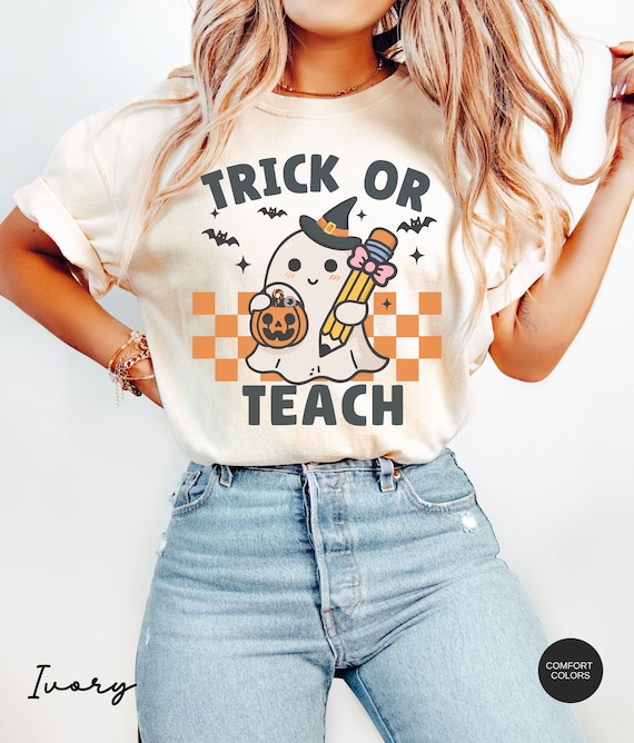 Comfort Colors® Teacher Halloween Shirt, Halloween Teacher Shirt, Trick or Teach Shirt, Spooky Teacher T-shirt, Retro Ghost Teacher Shirt