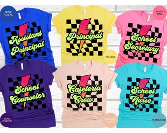 Personalized School Staff Shirt, Retro Checkered Teacher Shirt, Neon Teacher Shirt, Personalized Staff Shirt, Custom Teacher Shirt for Staff
