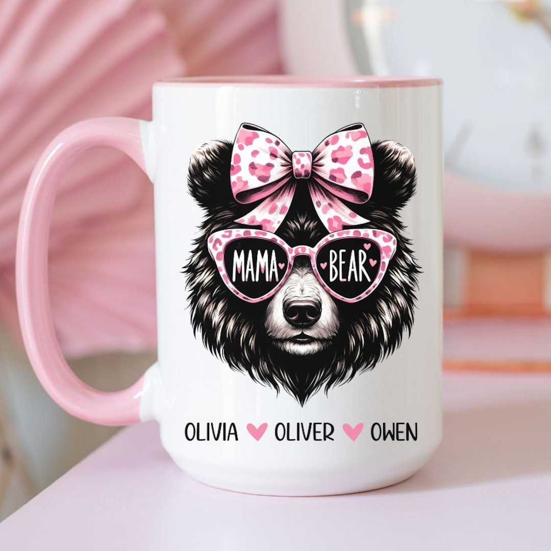 Personalized Mama Mug, Mama Bear Mug, Pink Bow Mug, Gift for