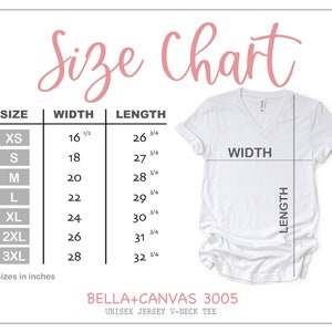 K&ouml;nnte beinhalten: Gr&ouml;&szlig;entabelle f&uuml;r ein Unisex-Jersey-T-Shirt mit V-Ausschnitt. Die Tabelle zeigt die Breite und L&auml;nge in Zoll f&uuml;r die Gr&ouml;&szlig;en XS bis 3XL.