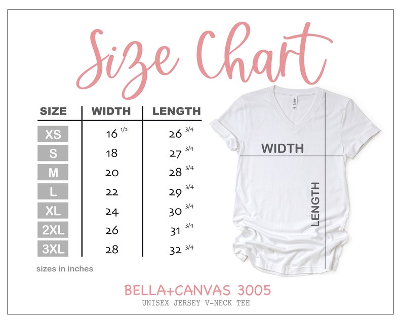 K&ouml;nnte beinhalten: Gr&ouml;&szlig;entabelle f&uuml;r ein Unisex-Jersey-T-Shirt mit V-Ausschnitt. Die Tabelle zeigt die Breite und L&auml;nge in Zoll f&uuml;r die Gr&ouml;&szlig;en XS bis 3XL.