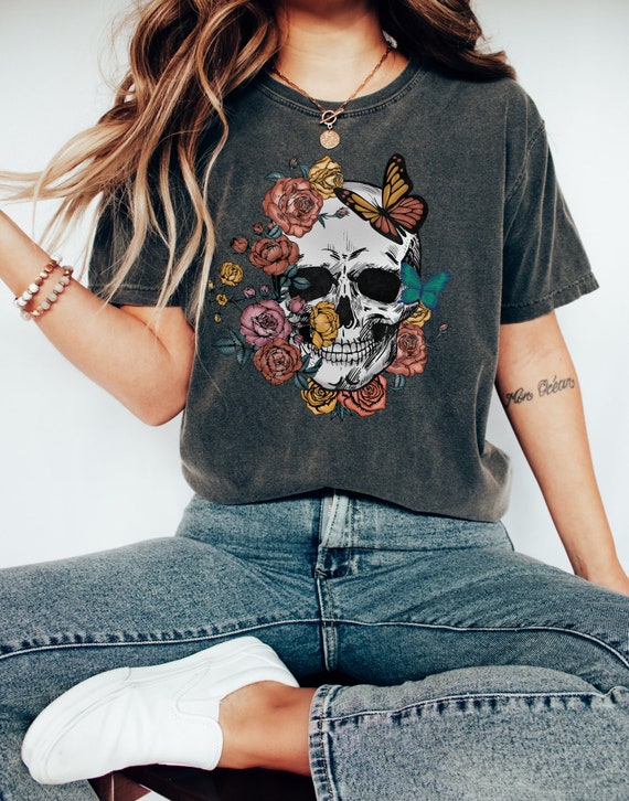 Halloween Skull Shirt, Floral Skull Shirt, Skull Shirt, Skeleton Shirt, Halloween Shirt Women, Flower Skull T-Shirt, Bloom Skull Shirt