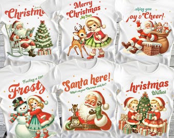 May include: Six white t-shirts with different Christmas themed designs. The designs include Santa Claus, a snowman, a deer, and a Christmas tree. The text on the shirts includes "Merry Christmas", "Feeling a little Frosty", "Santa here!", "Christmas Wishes", and "Joy & Cheer!"