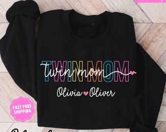 Twin Mom Sweatshirt, Custom Twin Mom Shirt for Mother's Day Gift, Personalized Twin Mama Sweater with Kids Names, Baby Shower Gift for Twins