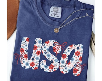 Comfort Colors®  Coquette USA Tshirt, Cute American Tee, Girly Fourth Of July Shirt, Patriotic Floral Shirt, USA Bow Tee, Floral USA Shirt