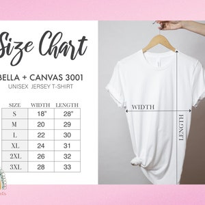 Puede incluir: Tabla de tallas para camisetas de jersey unisex Bella + Canvas 3001. La tabla muestra las medidas de ancho y largo en pulgadas para las tallas S, M, L, XL, 2XL y 3XL.