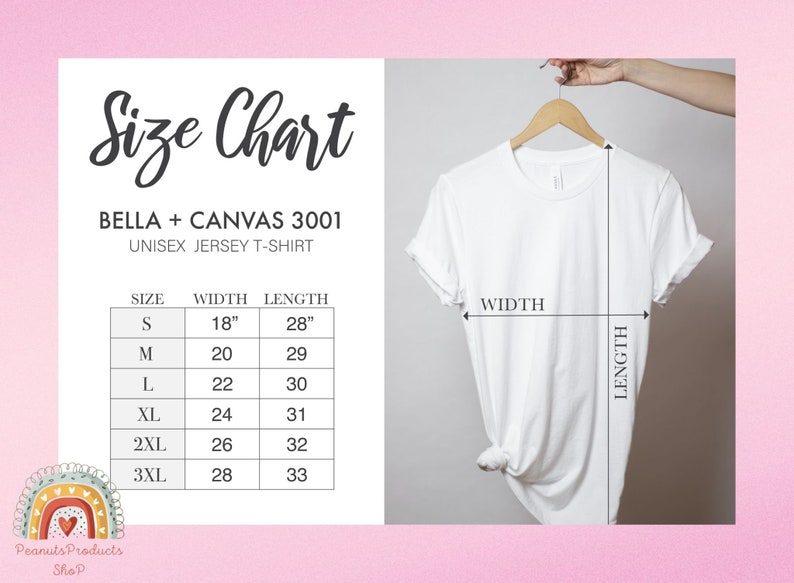 Puede incluir: Tabla de tallas para camisetas de jersey unisex Bella + Canvas 3001. La tabla muestra las medidas de ancho y largo en pulgadas para las tallas S, M, L, XL, 2XL y 3XL.