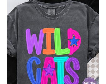 Könnte beinhalten: Ein anthrazitfarbenes T-Shirt mit Rundhalsausschnitt und dem Schriftzug WILD CATS in einer mehrfarbigen Pinselstrich-Schriftart. Die Buchstaben sind lila, orange, hellgrün, pink und blau. Ein blauer Stern befindet sich im D und ein lila Stern im A.