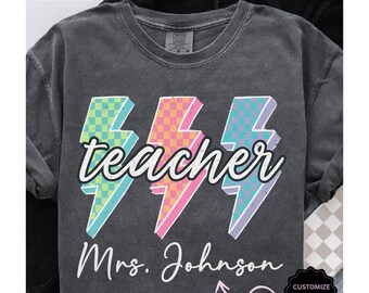 Comfort Colors® Teacher Shirt with Name, Lightning Checkered Teacher Shirt, Retro Teacher Shirt, Lightning Bolt Teacher Shirt, Neon Teacher
