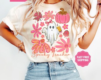 Comfort Colors® Teacher Halloween Shirt, Spooky Teacher T-Shirt, Halloween Teacher Shirt, Coquette Halloween Shirt, Floral Halloween