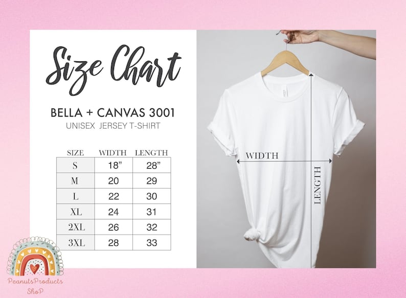 Puede incluir: Tabla de tallas para camisetas de jersey unisex Bella + Canvas 3001. La tabla muestra las medidas de ancho y largo en pulgadas para las tallas S, M, L, XL, 2XL y 3XL.