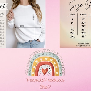 May include: Size chart for Gildan 18000 heavy blend sweatshirt and Gildan 2400 long sleeve tee. The chart shows sizes S through 3XL with corresponding width, length, and sleeve measurements in inches. The chart also shows chest and length measurements in inches.