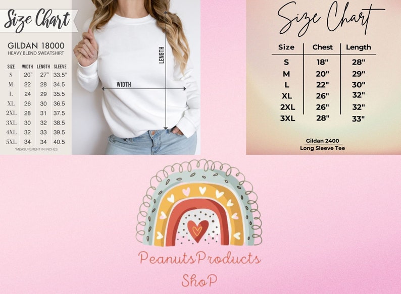 May include: Size chart for Gildan 18000 heavy blend sweatshirt and Gildan 2400 long sleeve tee. The chart shows sizes S through 3XL with corresponding width, length, and sleeve measurements in inches. The chart also shows chest and length measurements in inches.