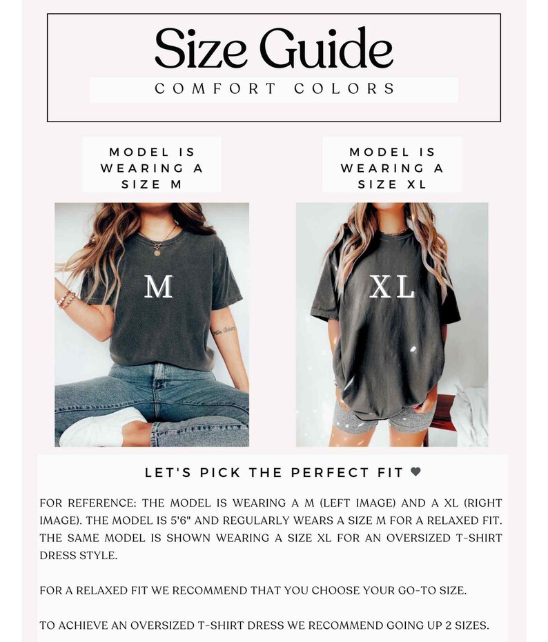 May include: Size guide for t-shirts with two models wearing different sizes. The model on the left is wearing a size M and the model on the right is wearing a size XL. The text "Let's pick the perfect fit" is displayed below the models.