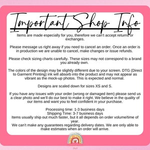 May include: Pink and white graphic with the text "Important Shop Info" in black. The text explains shop policies regarding returns, cancellations, sizing, and shipping. A rainbow graphic is at the bottom of the page.