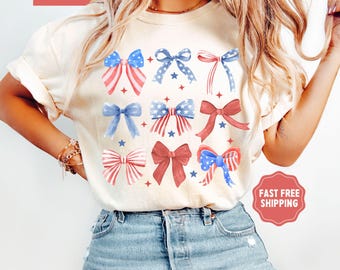 Comfort Colors® USA Bow Shirt, Coquette America Bow Shirt for July 4th, Memorial Day Shirt, USA Shirt, Election Shirt, Patriotic Bow Shirt