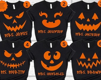 Custom Halloween Teacher Shirt, Teacher Team Shirts, Personalized Halloween Shirt, Pumpkin Face Shirt, Teacher Gift, Halloween Teacher