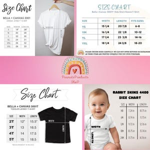 Peut inclure: Tableaux des tailles pour t-shirts, y compris les tailles unisexes, manches courtes pour enfants et tout-petits. Les mesures sont en pouces. Les tableaux indiquent la largeur, la longueur et les tailles. Le texte "Peanuts Products Shop" est &eacute;galement visible.