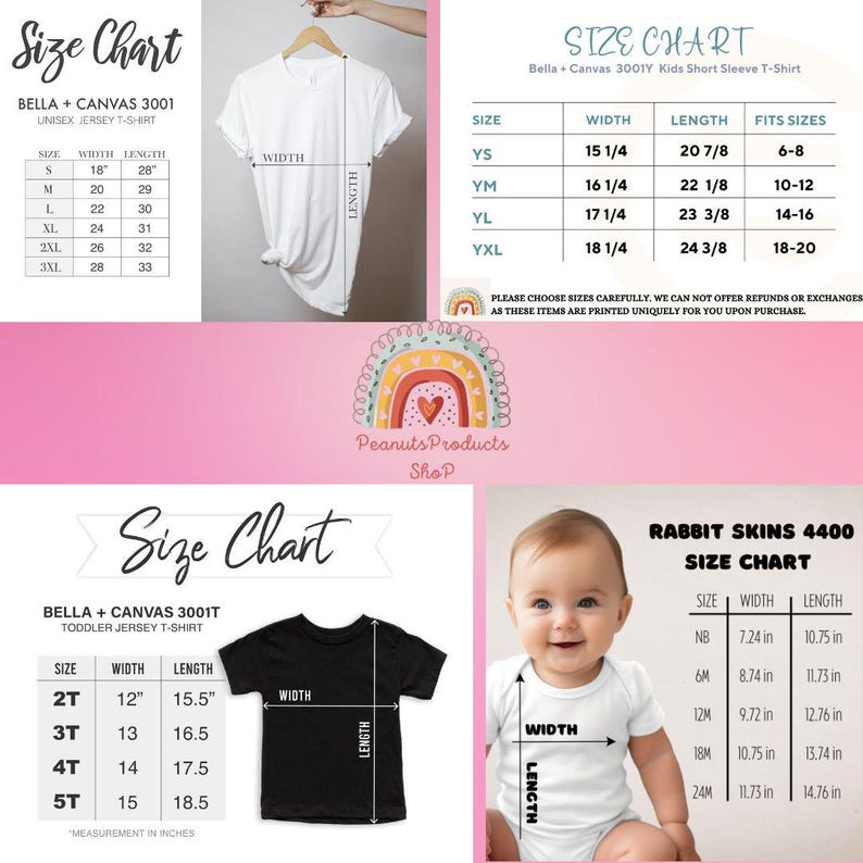 Peut inclure: Tableaux des tailles pour t-shirts, y compris les tailles unisexes, manches courtes pour enfants et tout-petits. Les mesures sont en pouces. Les tableaux indiquent la largeur, la longueur et les tailles. Le texte "Peanuts Products Shop" est &eacute;galement visible.