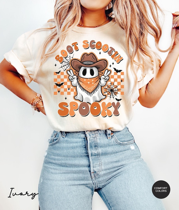 Comfort Colors® Western Halloween Shirt, Boot Scootin' Spooky Shirt, Western Ghost Shirt, Cowboy Ghost Tshirt, Halloween Cowboy Shirt
