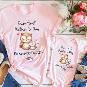 May include: Pink t-shirt and onesie set with an owl design. The text on the shirts reads "Our First Mother's Day" and "Mommy Maddie 2024".