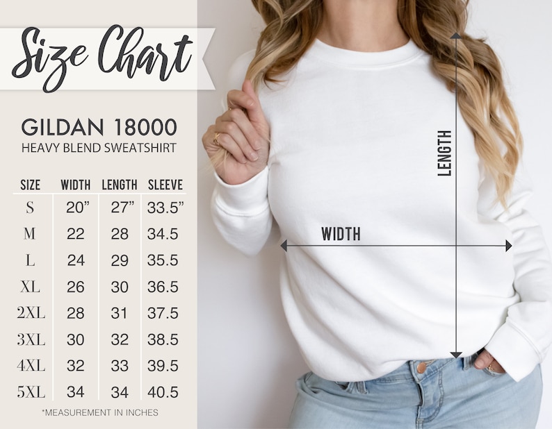 K&ouml;nnte beinhalten: Gr&ouml;&szlig;entabelle f&uuml;r Gildan 18000 Heavy Blend Sweatshirt. Die Tabelle zeigt die Ma&szlig;e in Zoll f&uuml;r Breite, L&auml;nge und &Auml;rmell&auml;nge f&uuml;r die Gr&ouml;&szlig;en S bis 5XL.