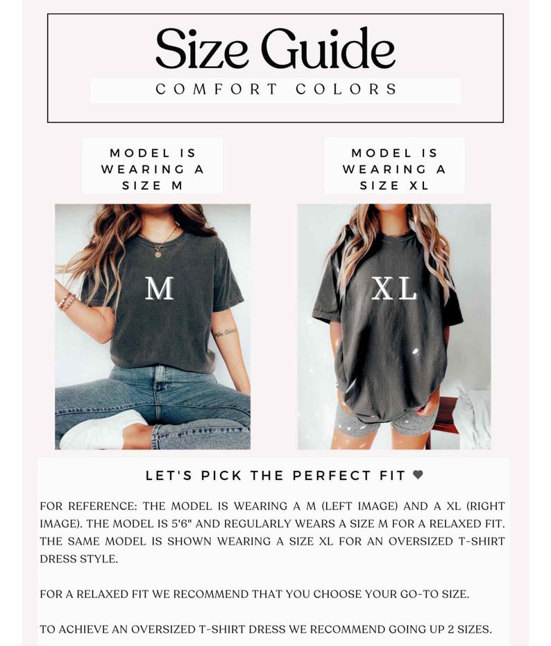 May include: Size guide for t-shirts with two models wearing different sizes. The model on the left is wearing a size M and the model on the right is wearing a size XL. The text "Let's pick the perfect fit" is displayed below the models.