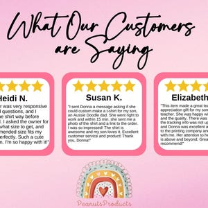 May include: Three customer reviews with five stars each, featuring positive feedback about a small business owner's responsiveness, quick turnaround time, and excellent customer service. The reviews are displayed on a pink background with a rainbow graphic and the text "What Our Customers Are Saying".