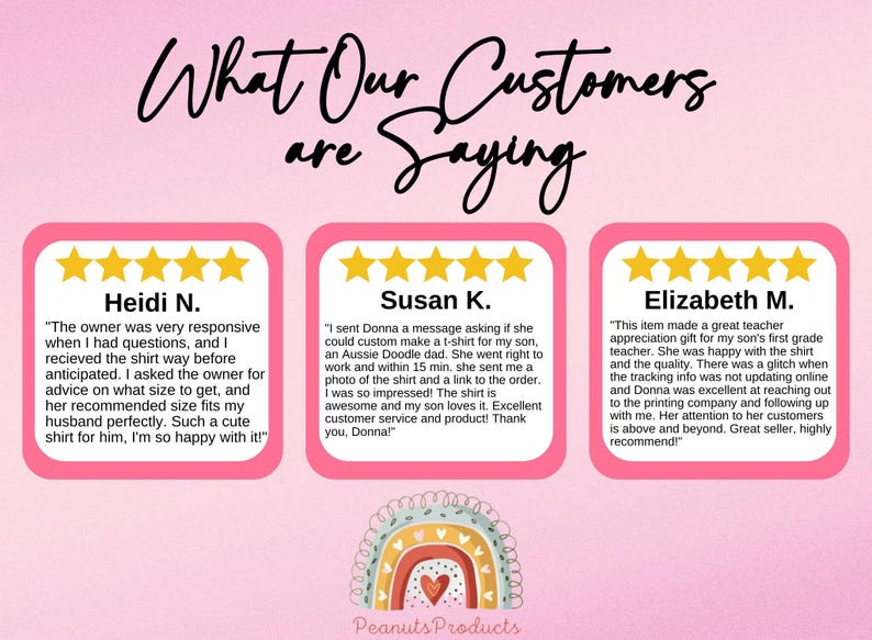 May include: Three customer reviews with five stars each, featuring positive feedback about a small business owner's responsiveness, quick turnaround time, and excellent customer service. The reviews are displayed on a pink background with a rainbow graphic and the text "What Our Customers Are Saying".