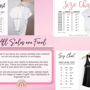 May include: Size chart for unisex t-shirts and racerback tanks. The chart shows measurements in inches for width and length. The chart includes sizes XS, S, M, L, XL, 2XL, and 3XL. The chart also includes the brand names Bella + Canvas 3001 and Next Level 1533.