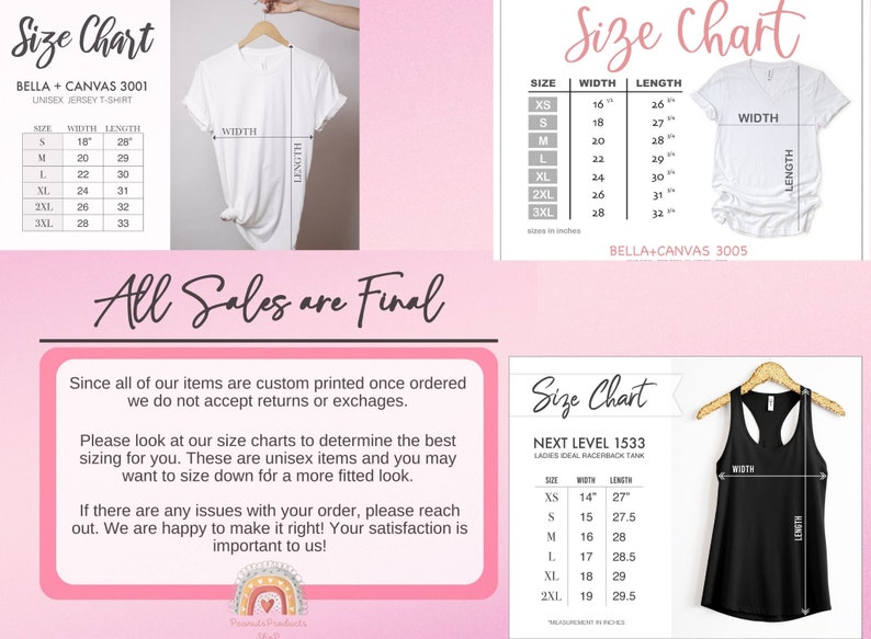 May include: Size chart for unisex t-shirts and racerback tanks. The chart shows measurements in inches for width and length. The chart includes sizes XS, S, M, L, XL, 2XL, and 3XL. The chart also includes the brand names Bella + Canvas 3001 and Next Level 1533.