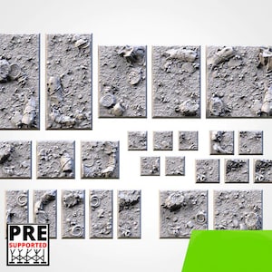 May include: A set of 16 pre-supported 3D printed terrain tiles featuring a variety of textures and details, perfect for creating a realistic and detailed battlefield or tabletop game environment.